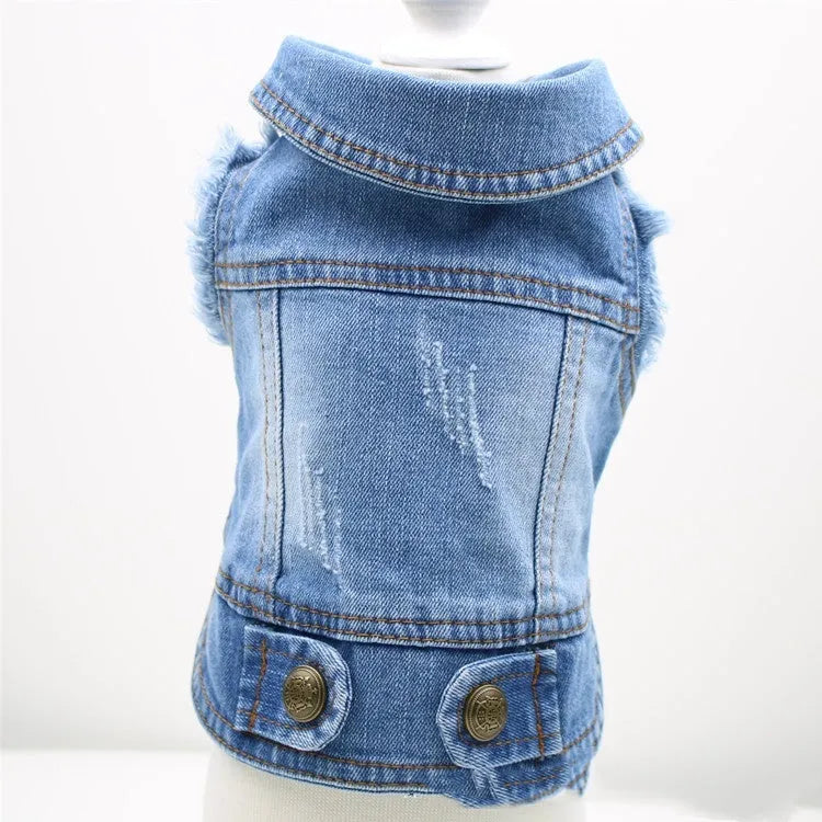 Denim dog vest with retro scratch pattern design in dark blue colour for small breed dogs
