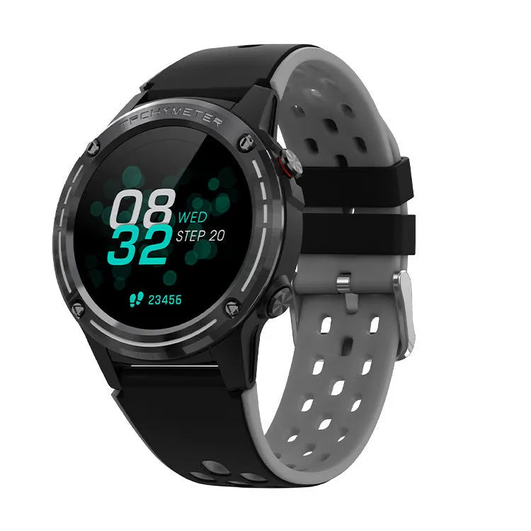 GPS smart watch with blue silicone strap showing 49mm case and display