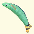 Soft green saury fish cat toy with organic catnip filler and crinkle sound