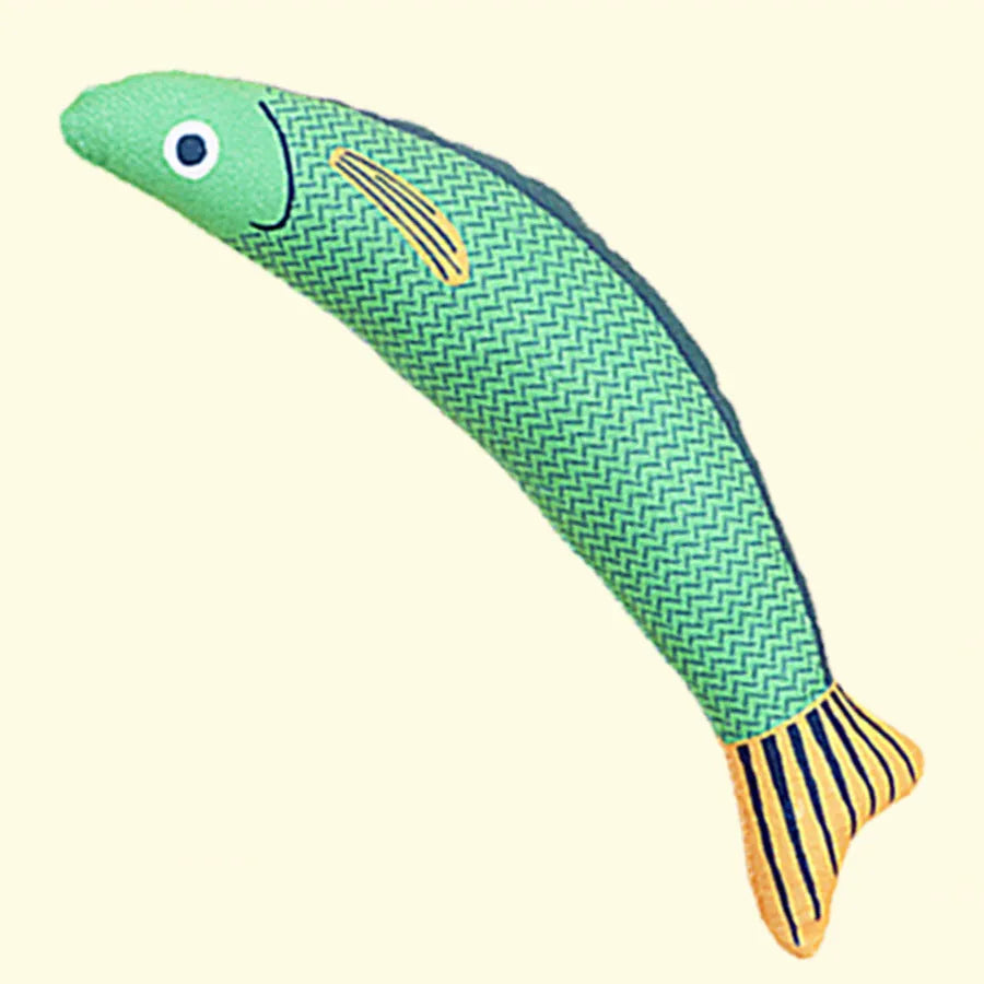 Soft green saury fish cat toy with organic catnip filler and crinkle sound