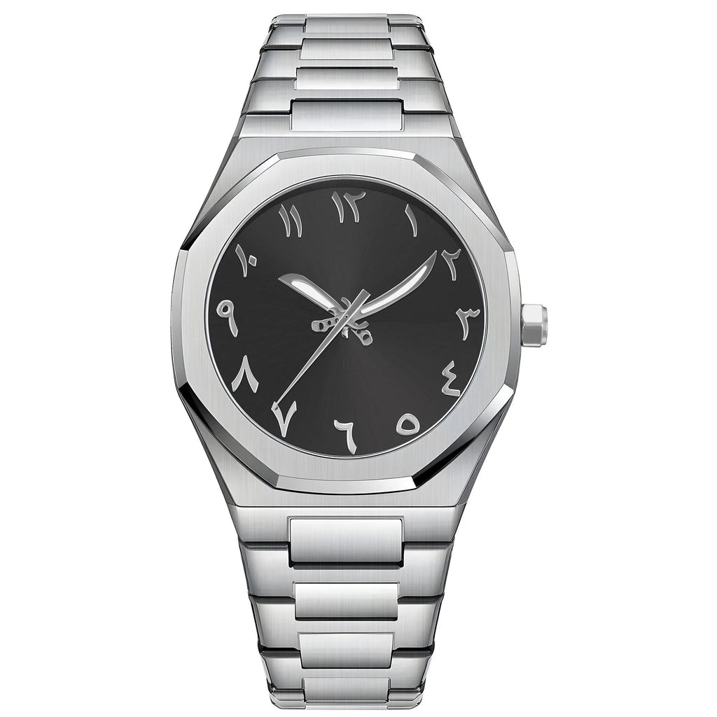 Men's business casual quartz watch with stainless steel strap showing black dial and 10mm thickness.