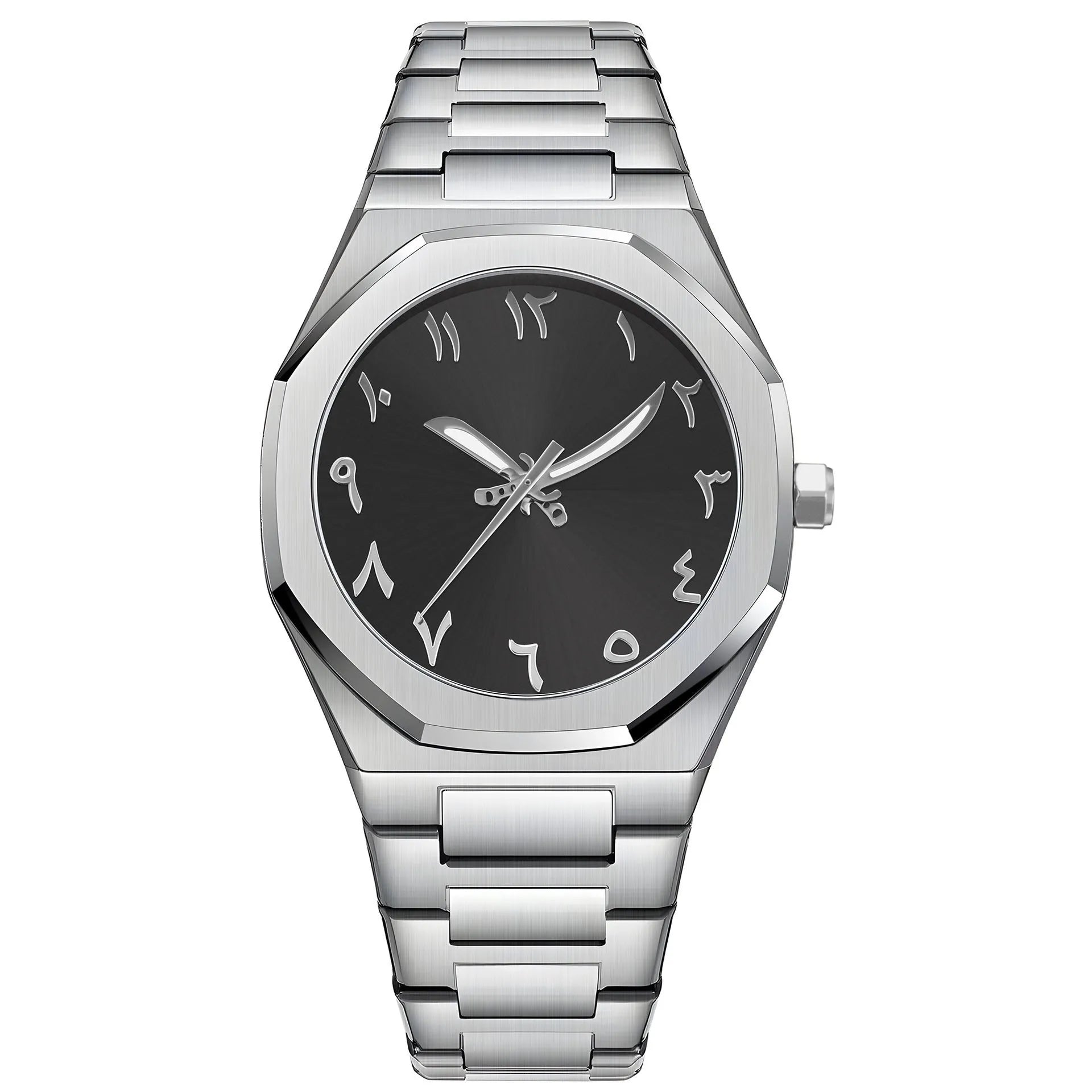Men's business casual quartz watch with stainless steel strap showing black dial and 10mm thickness.