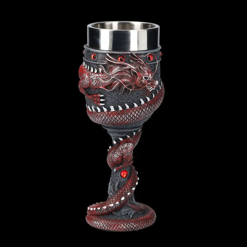 Red wine glass with 3D dragon design in gold colour, stainless steel and resin construction