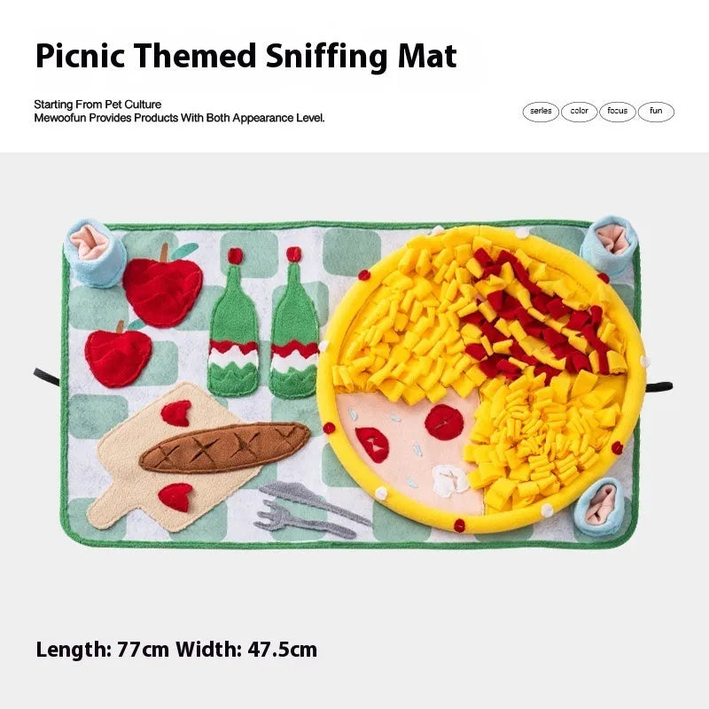 Themed fabric dog sniffing mat for interactive enrichment and food hiding