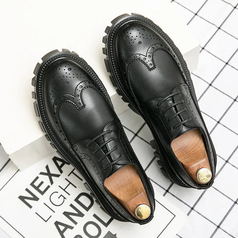 Men's black and brown brogue business shoes with round toe and PU leather upper