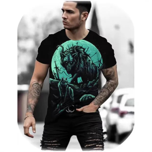 Retro 3D animal print men's short-sleeved T-shirt in lightweight polyester bird eye cloth