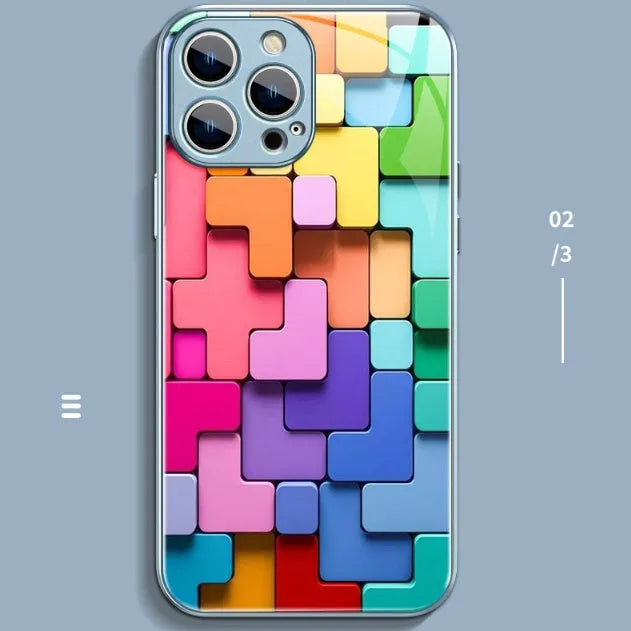 Silicone iPhone case with colourful geometric building block design in cartoon style