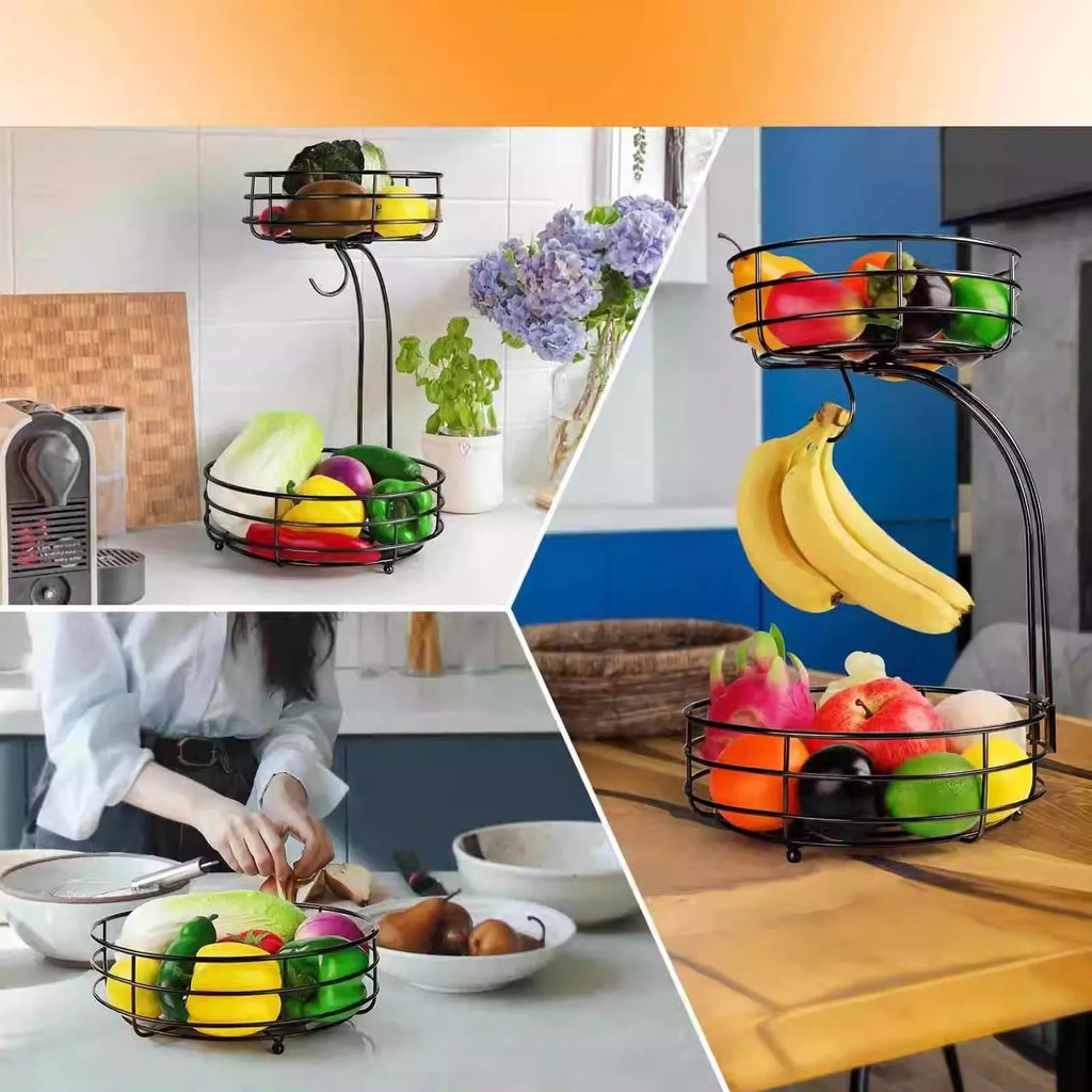 Black wrought iron double-layer fruit basket with open wire construction for air circulation