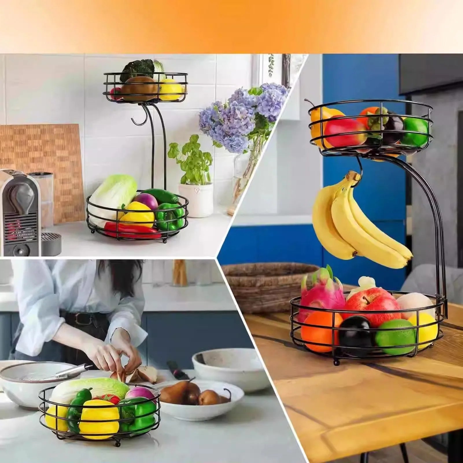 Black wrought iron double-layer fruit basket with open wire construction for air circulation