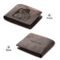 Coffee-colour engraved horizontal short wallet made from PU leather showing personalisation space.