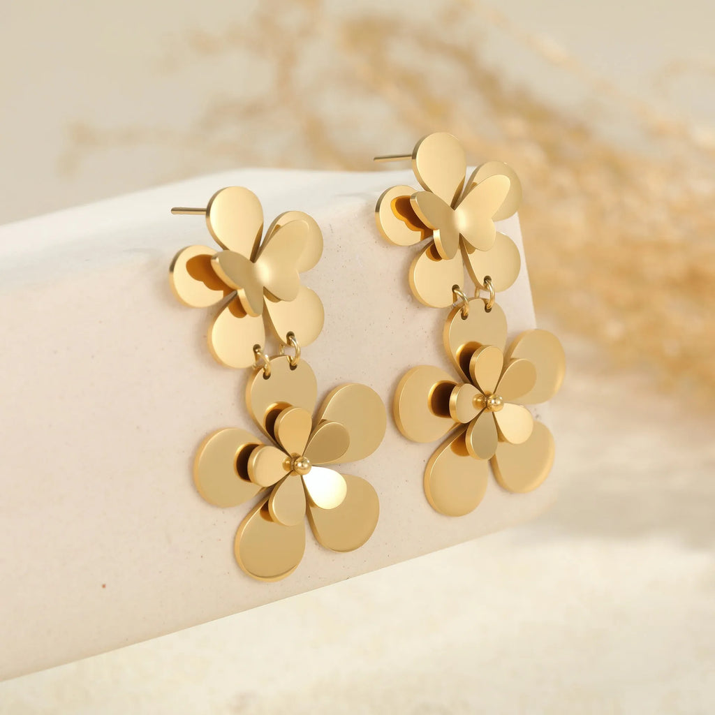 Gold flower butterfly stainless steel earrings with electroplated 18K finish for women