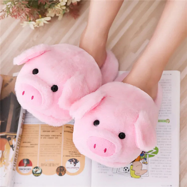 Pink pig animal design plush floor slippers for women indoor home wear