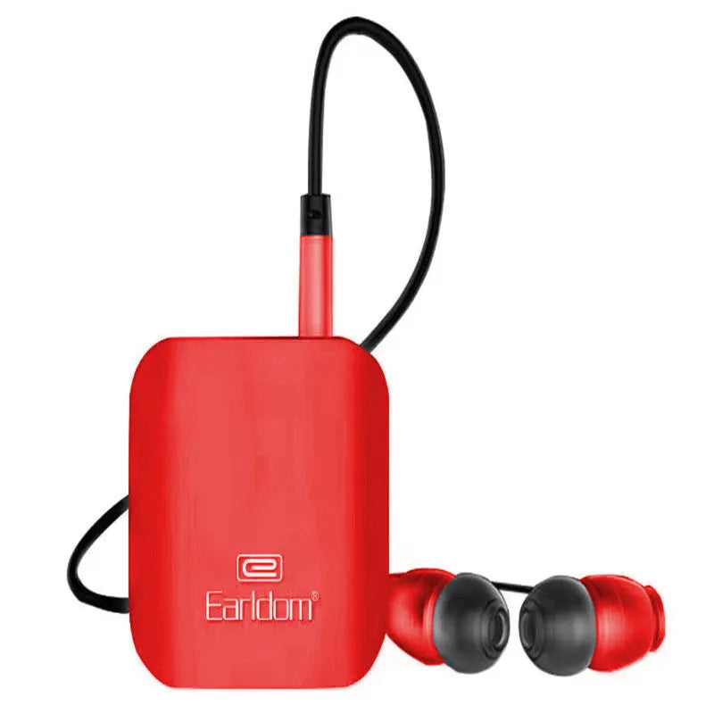Black Bluetooth lavalier headset with clip, shown alongside packaging.
