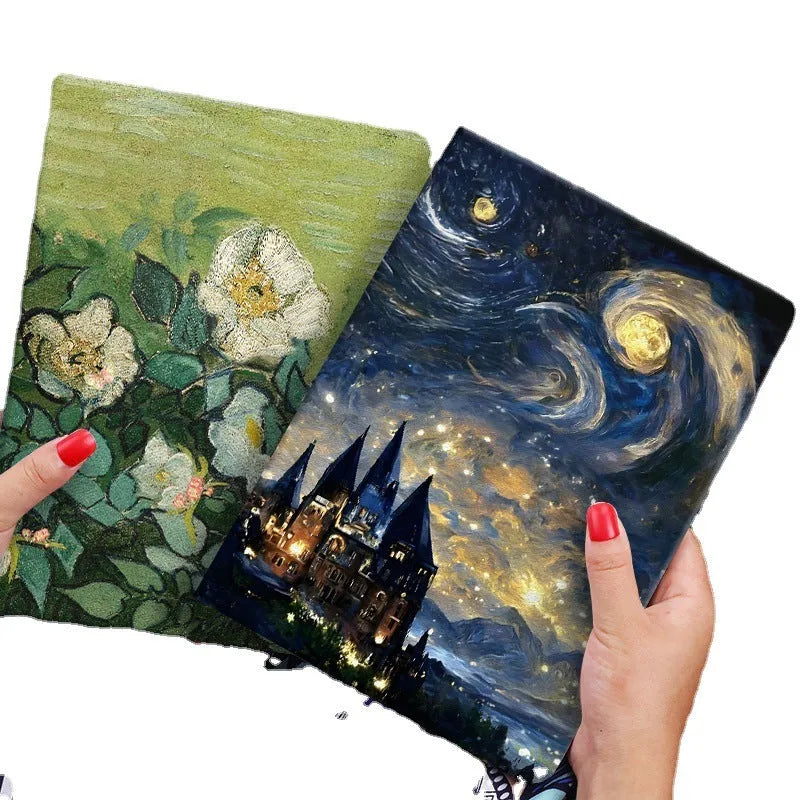Handmade liquid silicone iPad flip case showing apricot flower artistic design on cover.