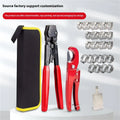 Red cloth style single ear metal PEX clamp with carbon steel cutting edge.