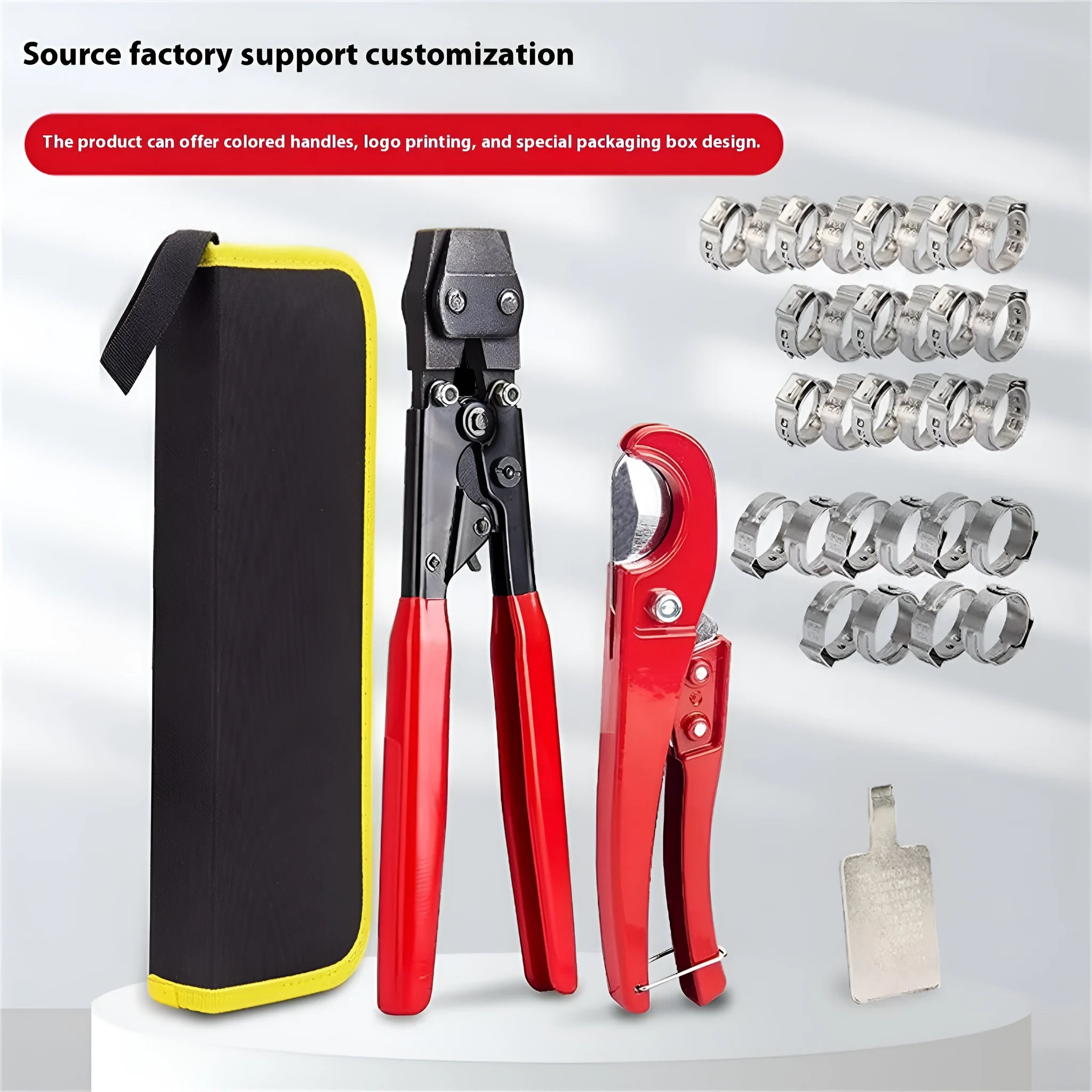 Red cloth style single ear metal PEX clamp with carbon steel cutting edge.