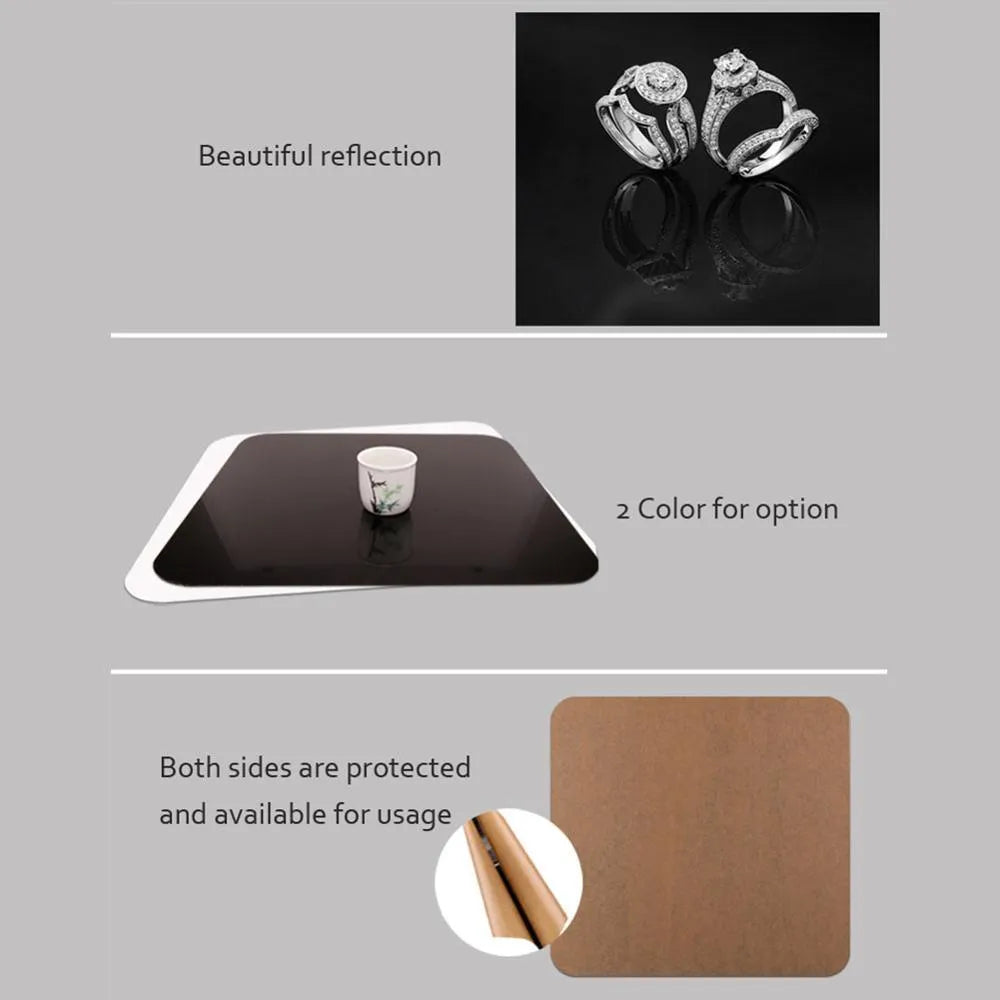 Black and white acrylic reflection boards in 20x20cm, 30x30cm, and 40x40cm sizes for photography