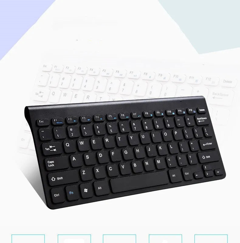 Wireless black keyboard and mouse set with 4G connectivity on wooden desk