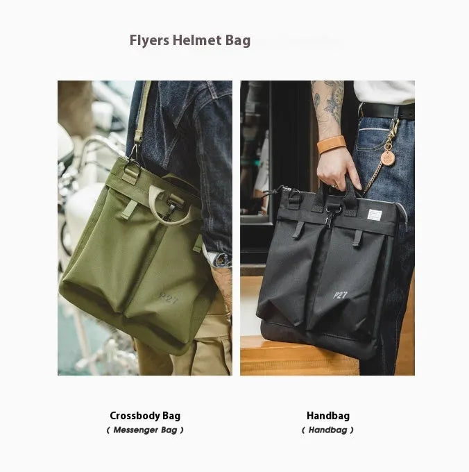 Retro canvas crossbody messenger bag in military green showing laptop compartment and phone storage