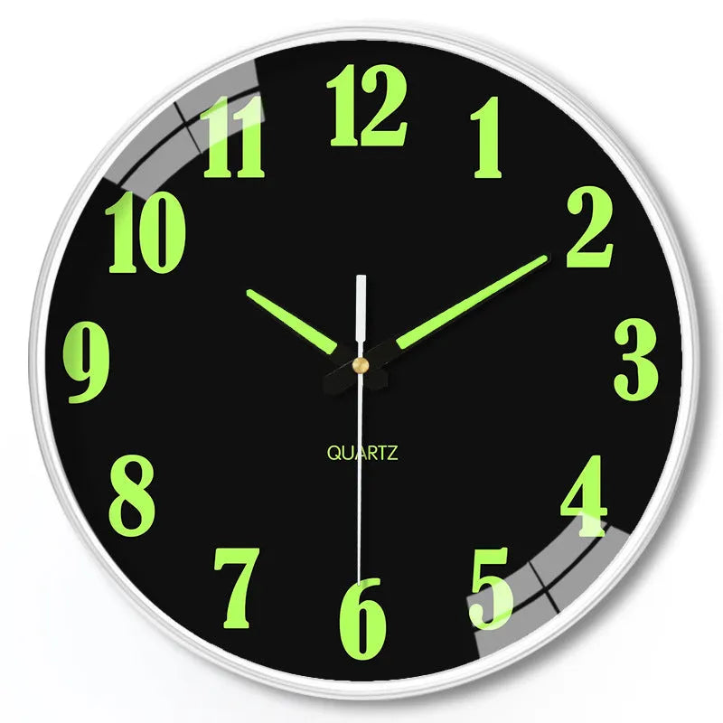 Modern 8 inch diameter luminous wall clock with silent movement on a wall.