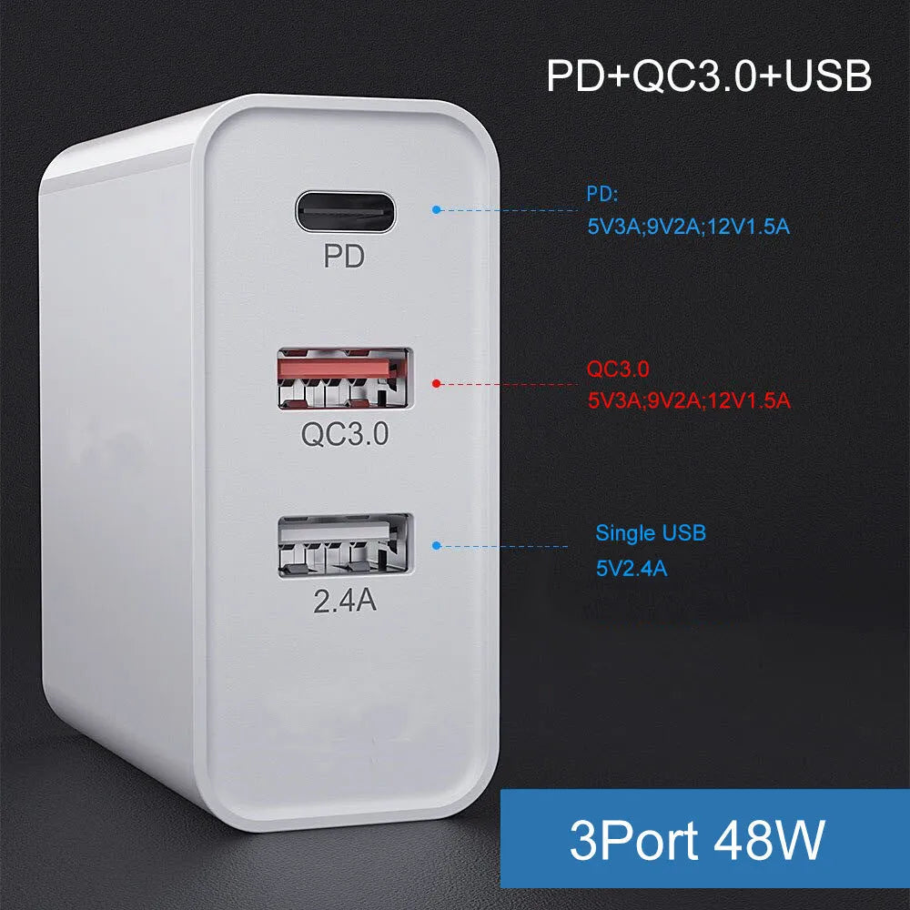 White multi-port USB fast wall charger with PD and QC support showing several device cables plugged in.