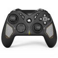 Black wireless Bluetooth gaming controller with leather-pattern texture on grips for Nintendo, PC and phone.