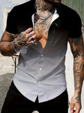 Men's slim fit geometric print short sleeve shirt with lapel collar in a light colour.