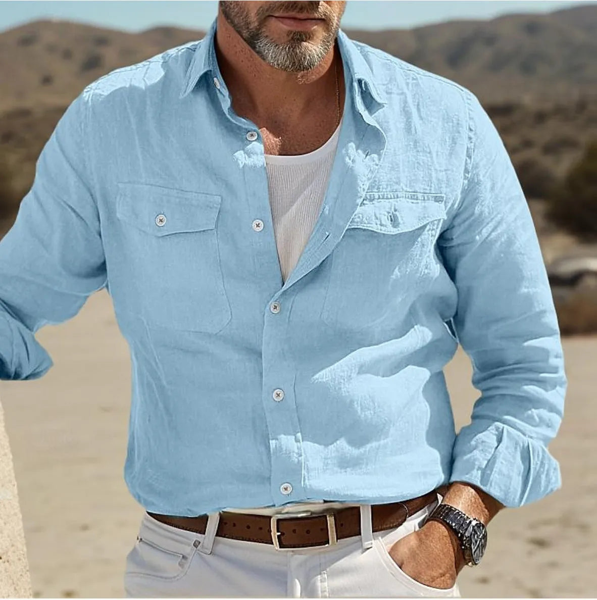 Men's long-sleeved cotton linen shirt in loose fit casual design showing solid colour options