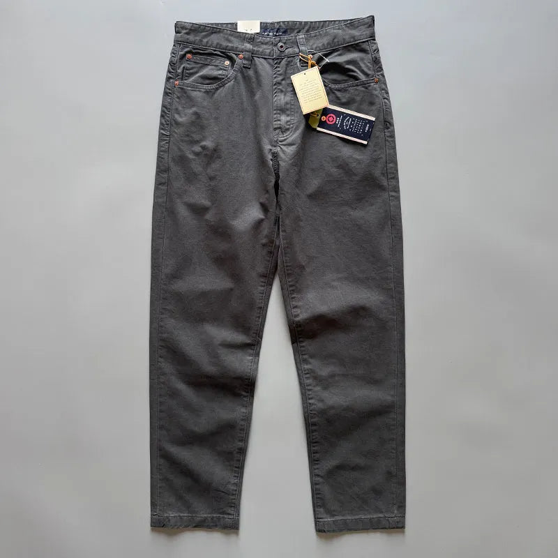 Men's straight-leg casual cotton trousers in grey, shown flat.