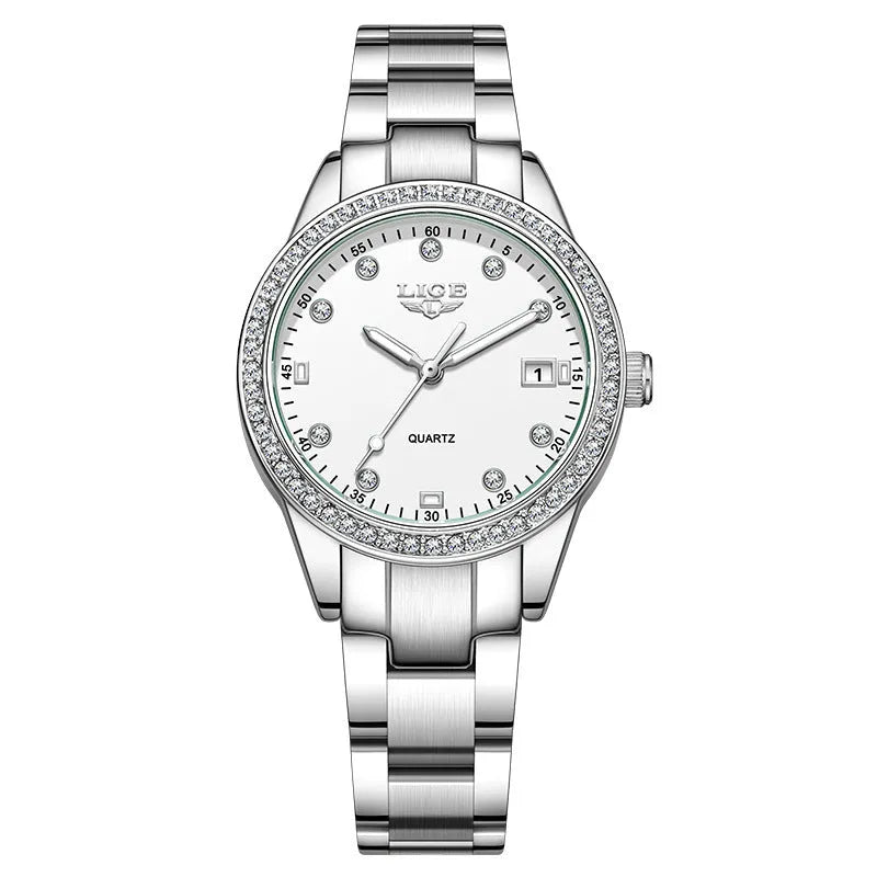 Women's silver fashion watch with diamond-encrusted bezel and luminous hands on 34mm stainless steel case