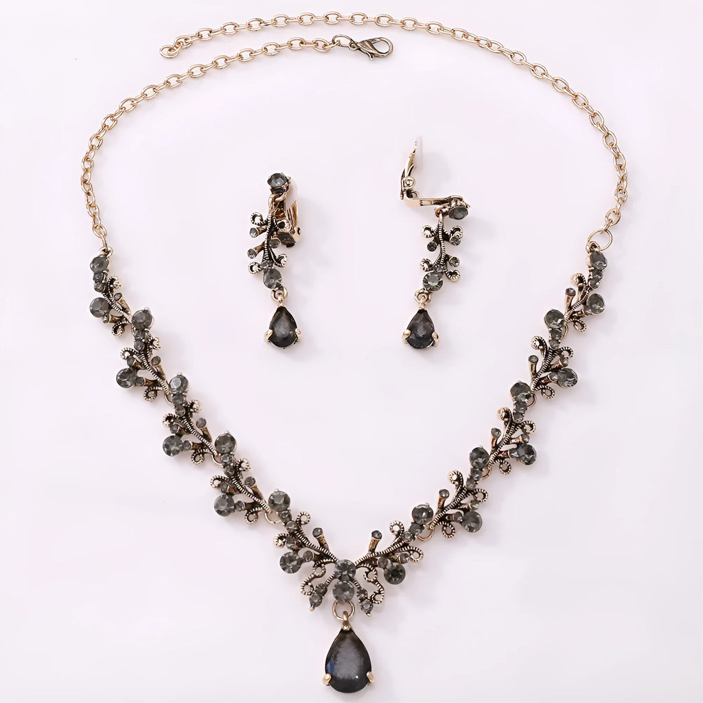 Bridal rhinestone zircon earring and necklace set in alloy, inlaid diamond finish, three colour options silver white gold white black