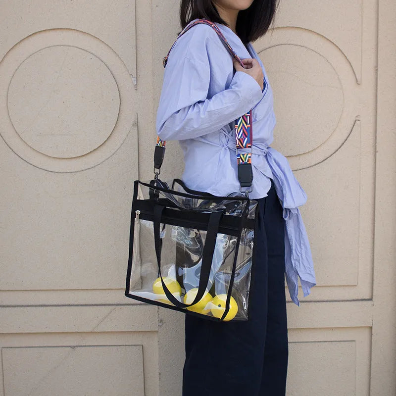 Transparent PVC women's messenger bag with crossbody straps showing seven colour options including navy blue, black, red and white