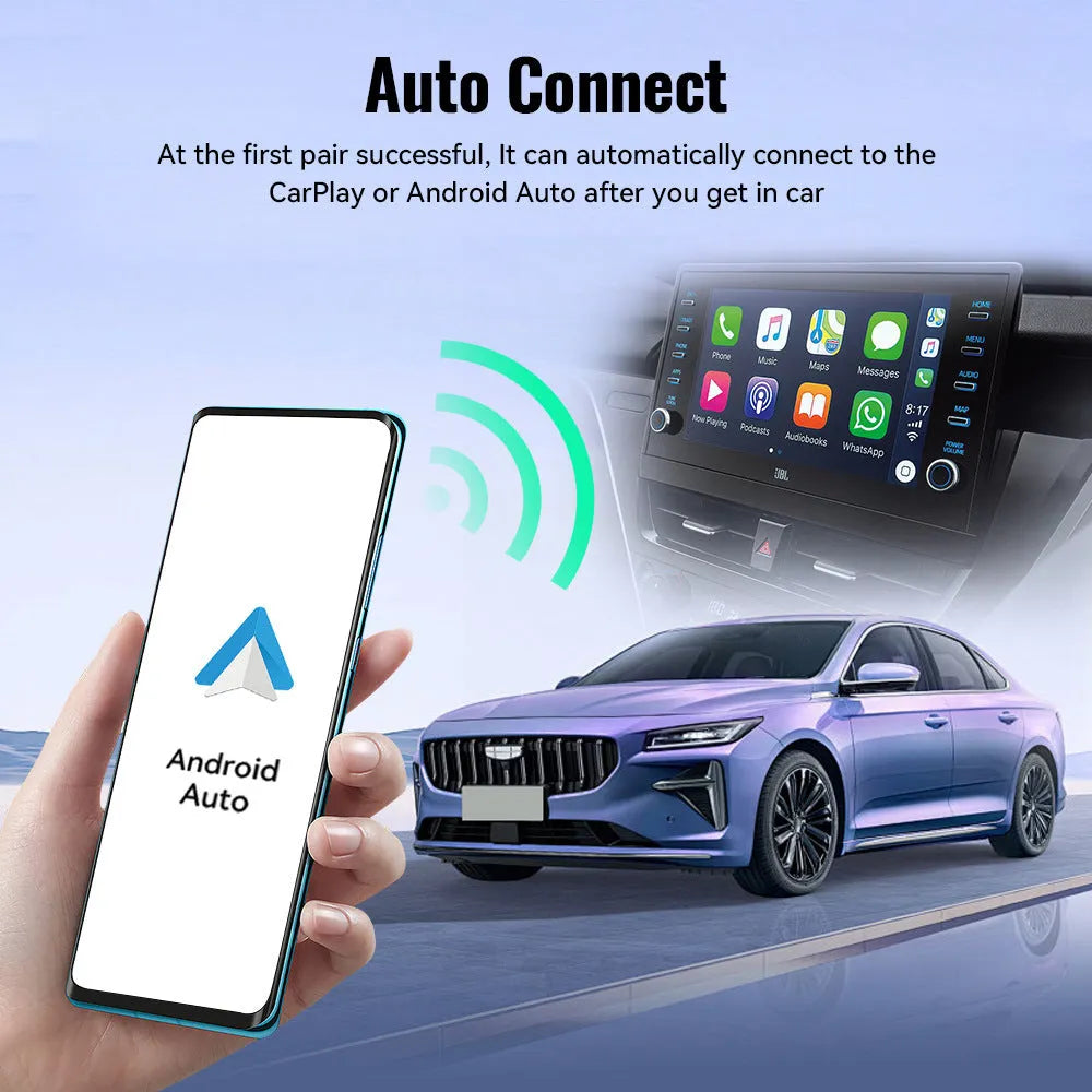 Black wireless CarPlay USB adapter with compact rectangular design