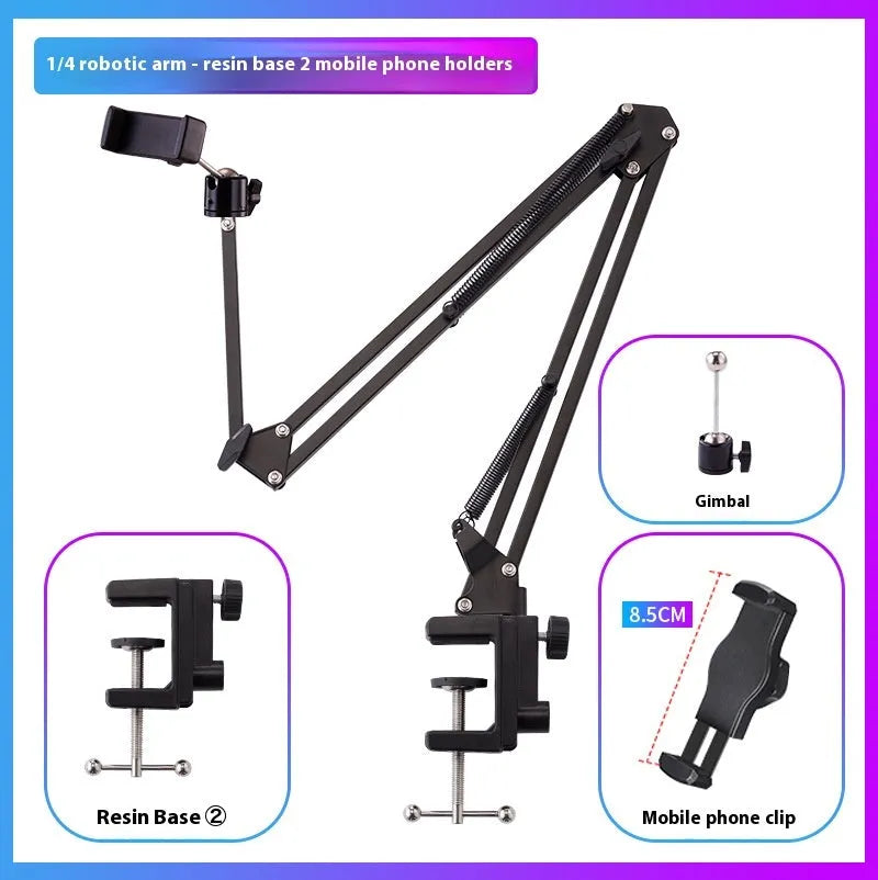 Black foldable metal cantilever bracket holding a tablet, showing its adjustable arms and clip.