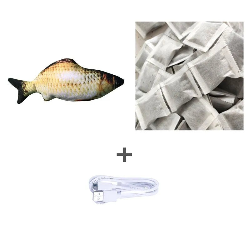 Multicolour electronic fish cat toy measuring 30cm with USB charging cable