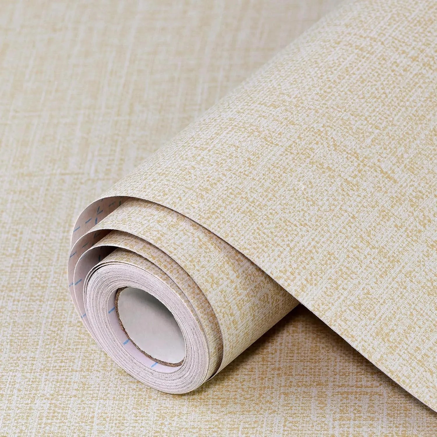 Roll of gray linen self-adhesive wallpaper with textured double-layer surface