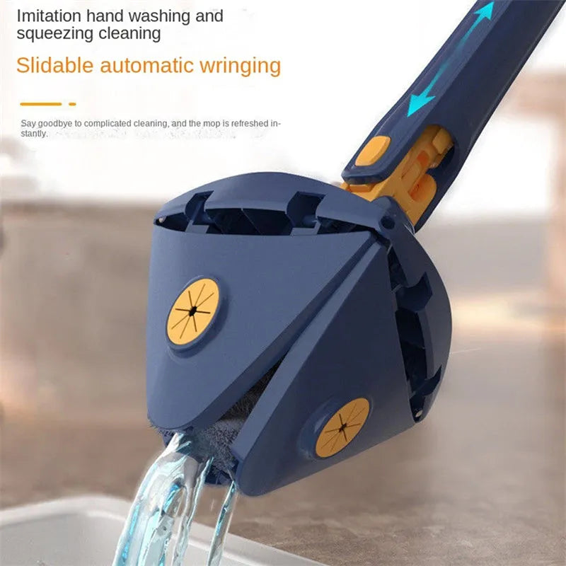 Extendable triangle mop with rotating blue head and stainless steel pole for cleaning corners and walls