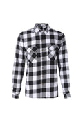 Men's black and white check long-sleeved shirt with lapel collar and double chest pockets