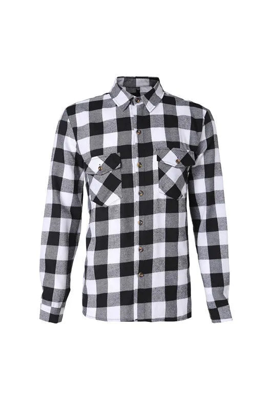Men's black and white check long-sleeved shirt with lapel collar and double chest pockets