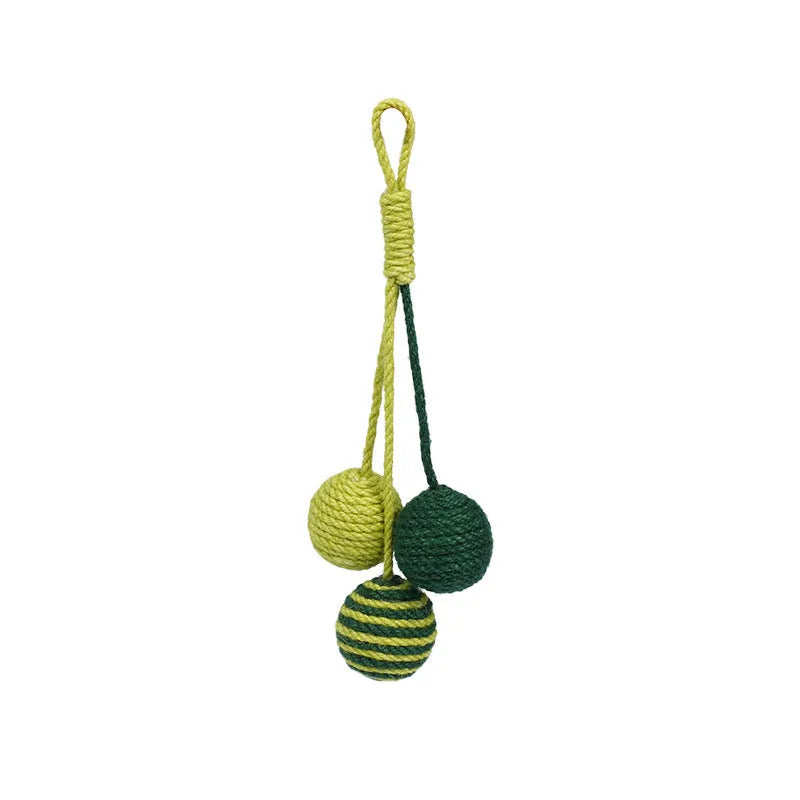Four-piece cat toy set showing 255mm teaser wand with string, catnip ball, self-play wire, and fabric element in assorted colours