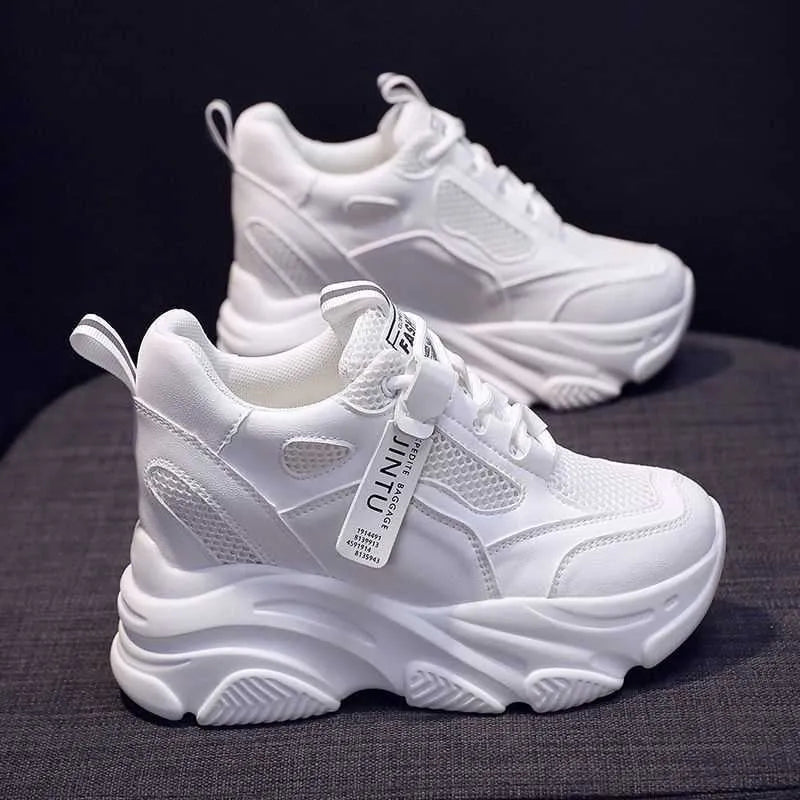 Women's black mesh platform casual shoes with hollow-out detail and a velvet-style lining.