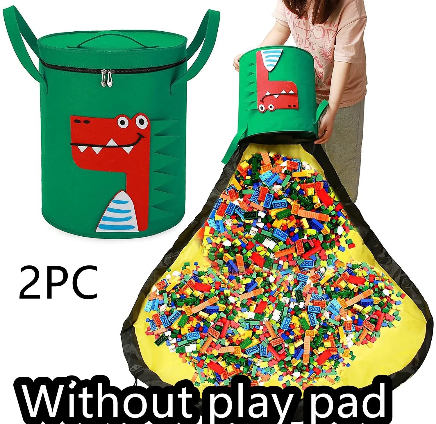 Green cube-shaped felt storage bag with a pull rope, shown as a toy organiser and play mat.