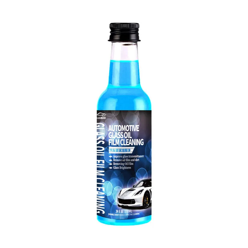 150ml spray bottle of car glass oil film remover cleaner in yellow and blue packaging options.