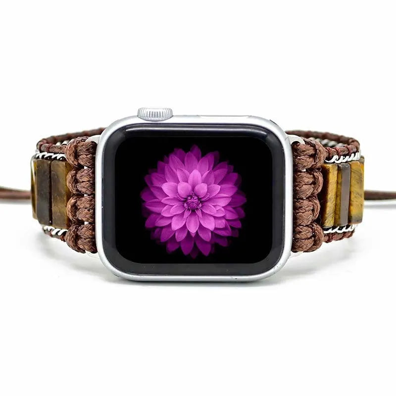 Men's rectangular tiger eye stone pattern textile watch strap with adjustable chain.