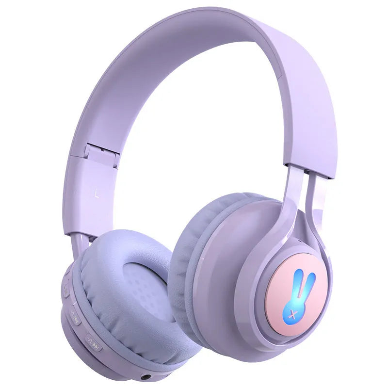 Wireless children's headphones with RGB lights in bunny purple colour.