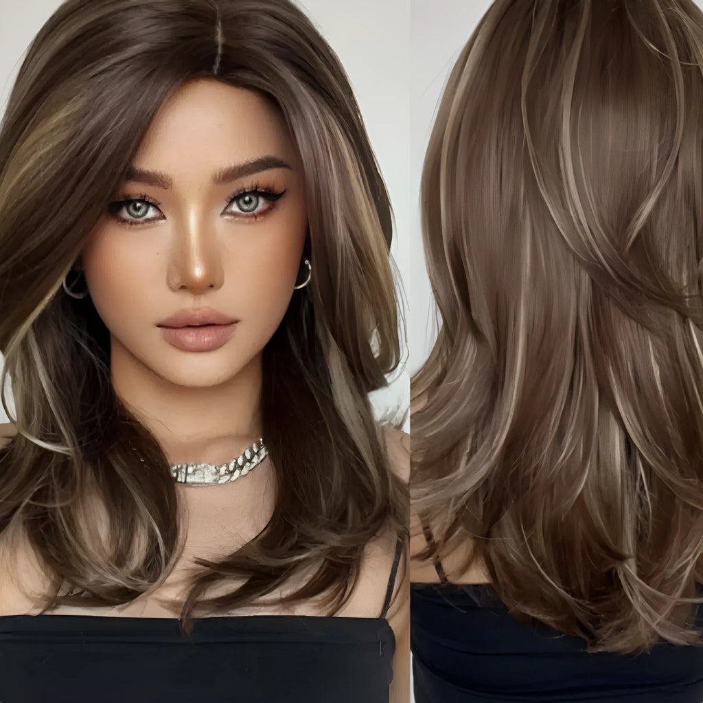 Mid-length platinum gradient synthetic wig with long curly hair and bangs in wine red, brown, or white gold colour.