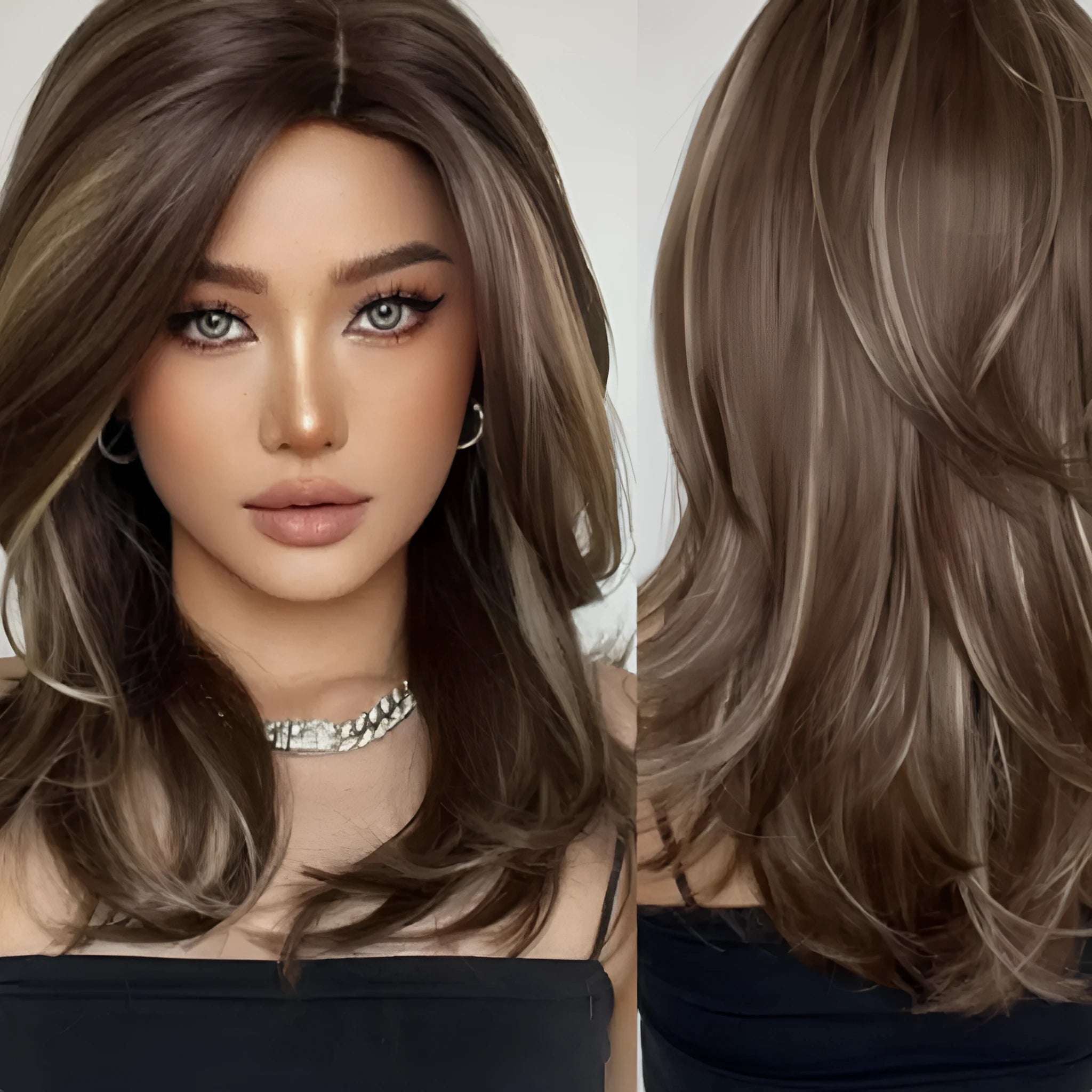 Mid-length platinum gradient synthetic wig with long curly hair and bangs in wine red, brown, or white gold colour.