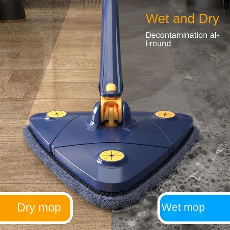 Extendable triangle mop with rotating blue head and stainless steel pole for cleaning corners and walls