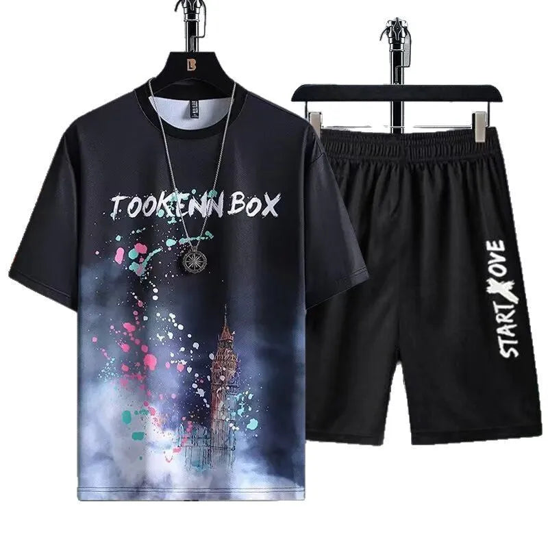 Men's summer ice silk suit featuring short sleeve T-shirt and matching shorts in polyester fabric