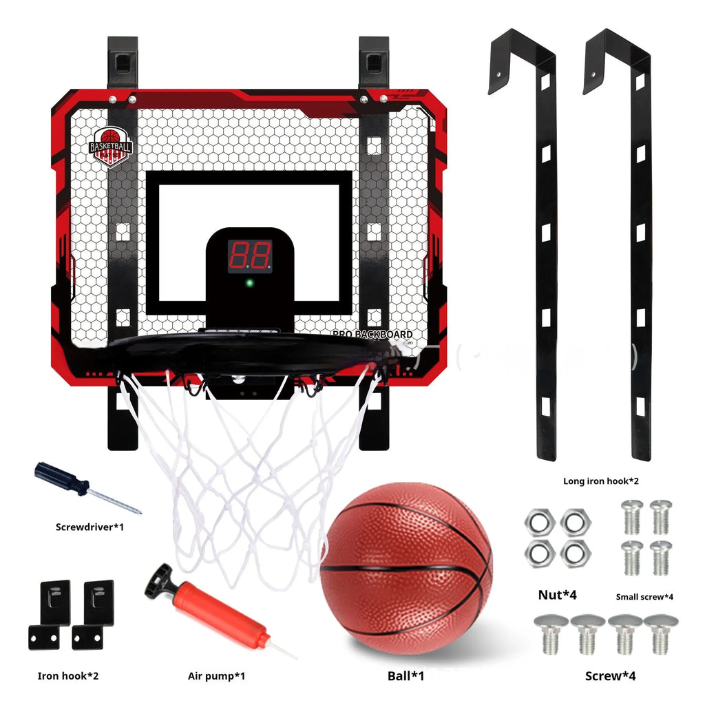 Red and blue folding basketball frame toy with suction cups mounted on a wall, shown with a basketball.